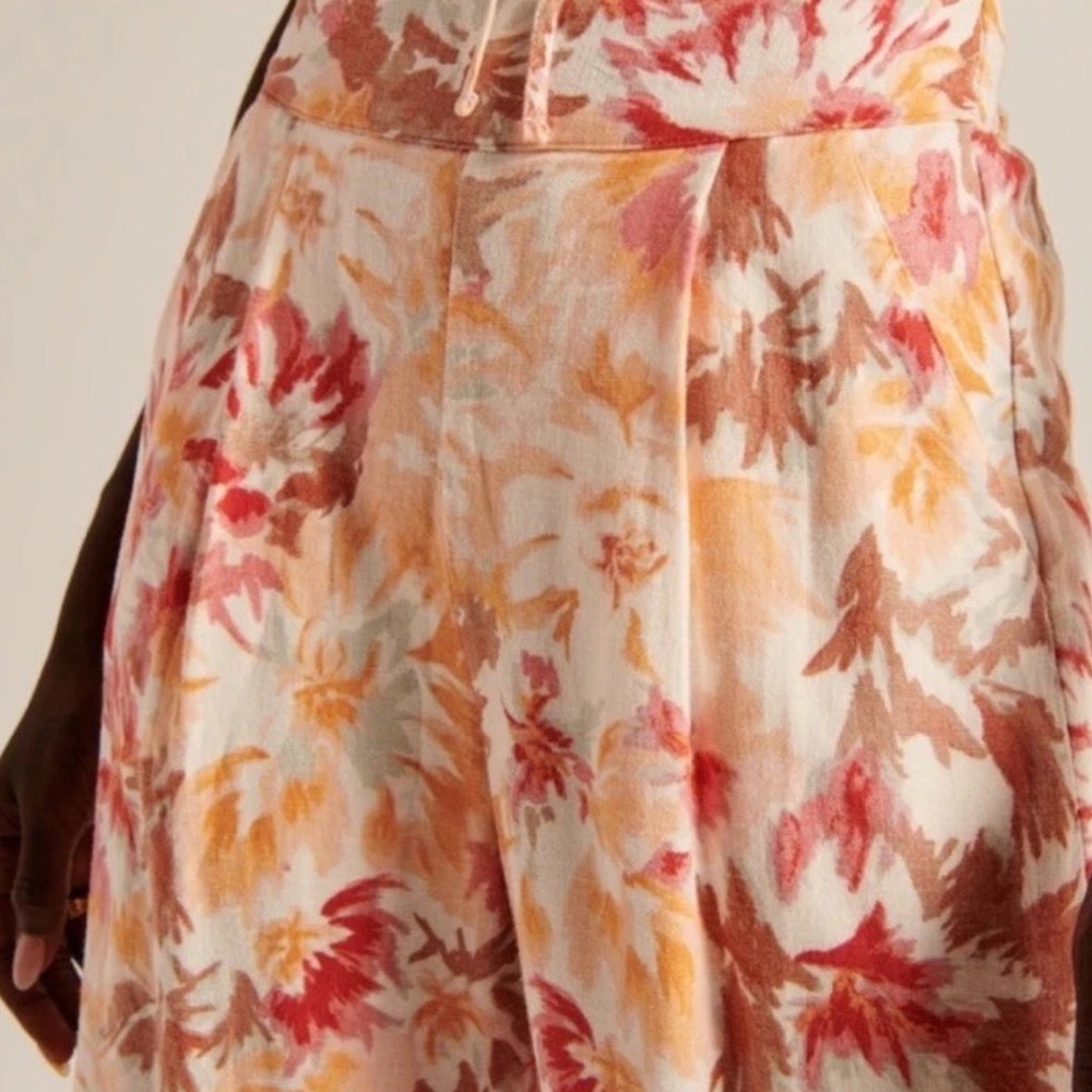 Abercrombie & Fitch High Rise Wide Leg Pleated Linen Floral Pants Orange Pink XS - Picture 3 of 14